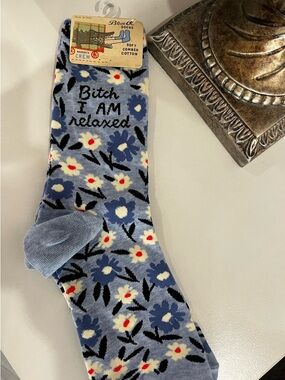 Funny Blue Q Light Blue Floral Crew Socks with Text